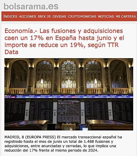Economa.- Las fusiones y adquisiciones caen un 17% en Espaa hasta junio y el importe se reduce un 19%, segn TTR Data
